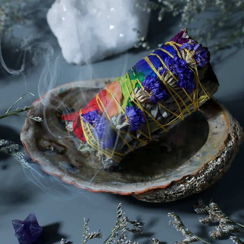 Smudge Stick Set with Abalone Shell - Lit sage bundle in pearlescent shell with smoke, healing