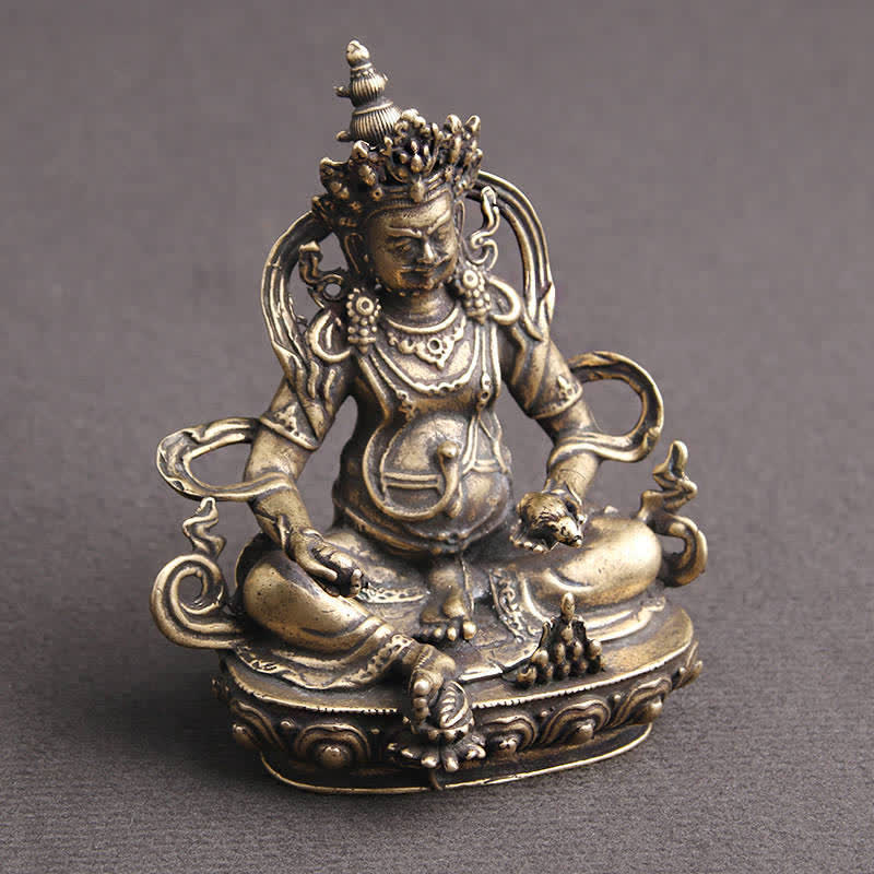 Yellow Jambhala Copper Buddha Statue – close-up of printed mantras, spiritual wellness hanging