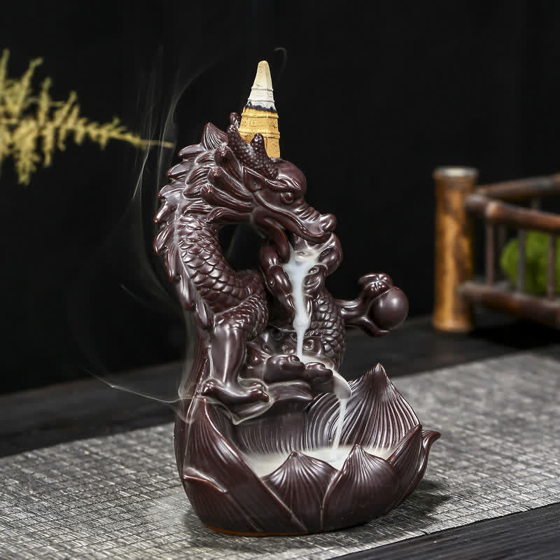 Dragon Lotus Ceramic Incense Burner – Low angle showing dragon profile with thick smoke pooling in lotus petals, Serene