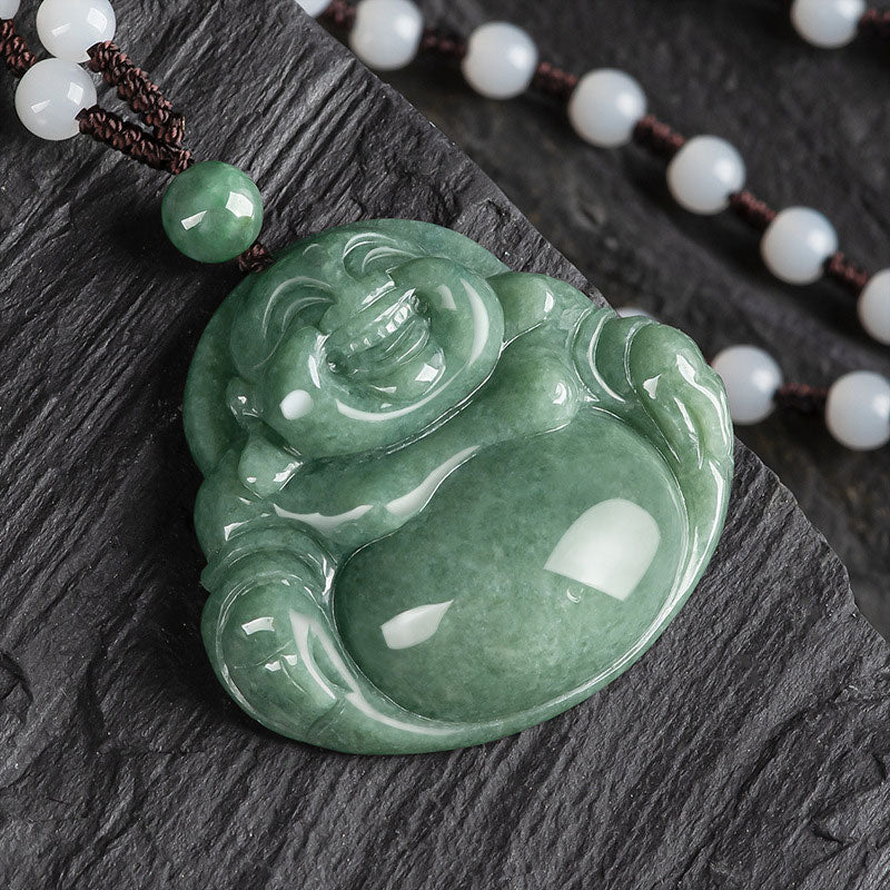 Laughing Buddha Cyan Jade Harmony Necklace – Hand knotted silk thread holding jade Buddha bead, mindful craft jewelry