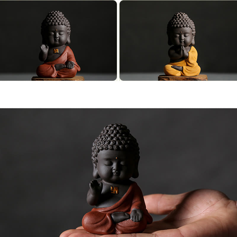 Small Buddha Purple Clay Decoration – three-panel grid showing both variants and hand-held scale reference, palm-sized craft