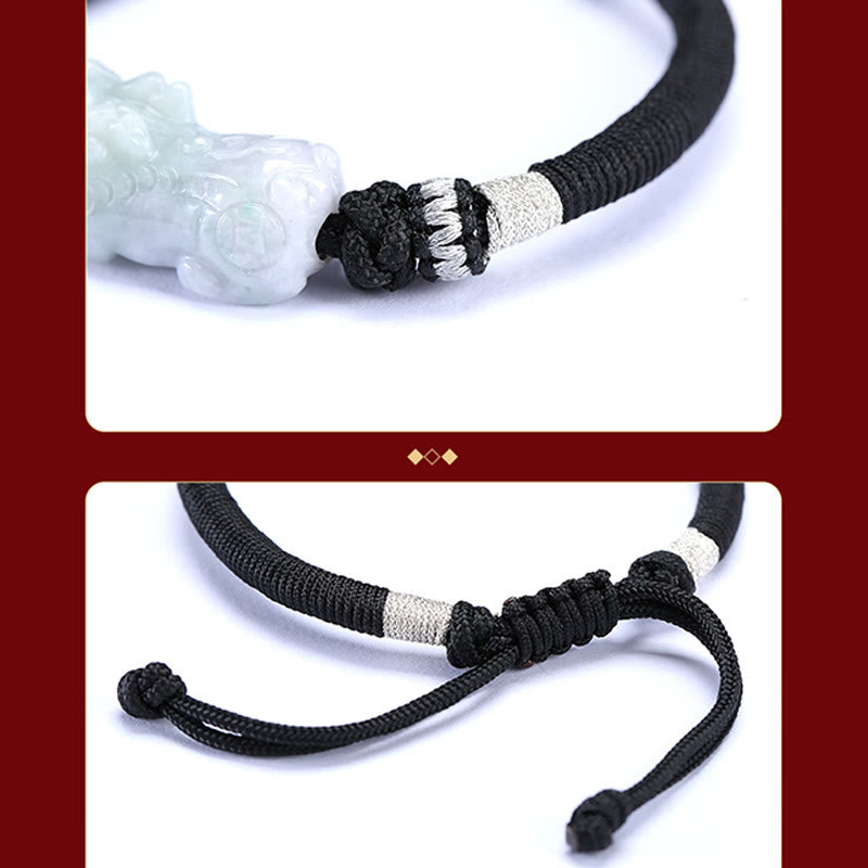 Natural Jade PiXiu Bracelet – detail collage jade beast and cord knots, white background, jade bracelet luck