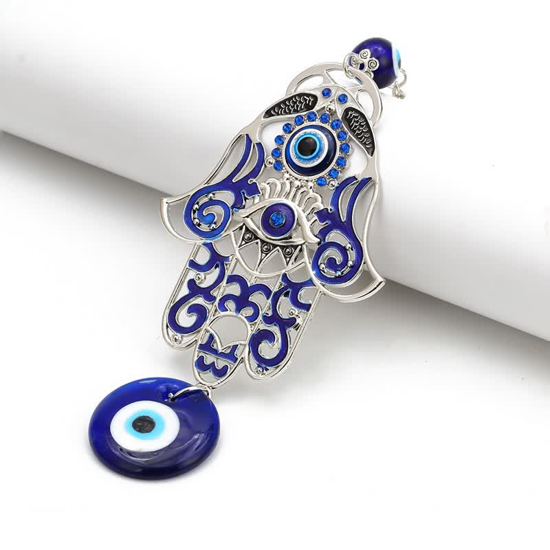 Hamsa Symbol Home Decoration – Silver Hamsa pendant with blue enamel evil eye, glass nazar bead charm