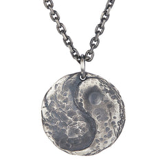 Sterling Silver Yin Yang Necklace – Hammered yin-yang pendant front view on white background, oxidized finish