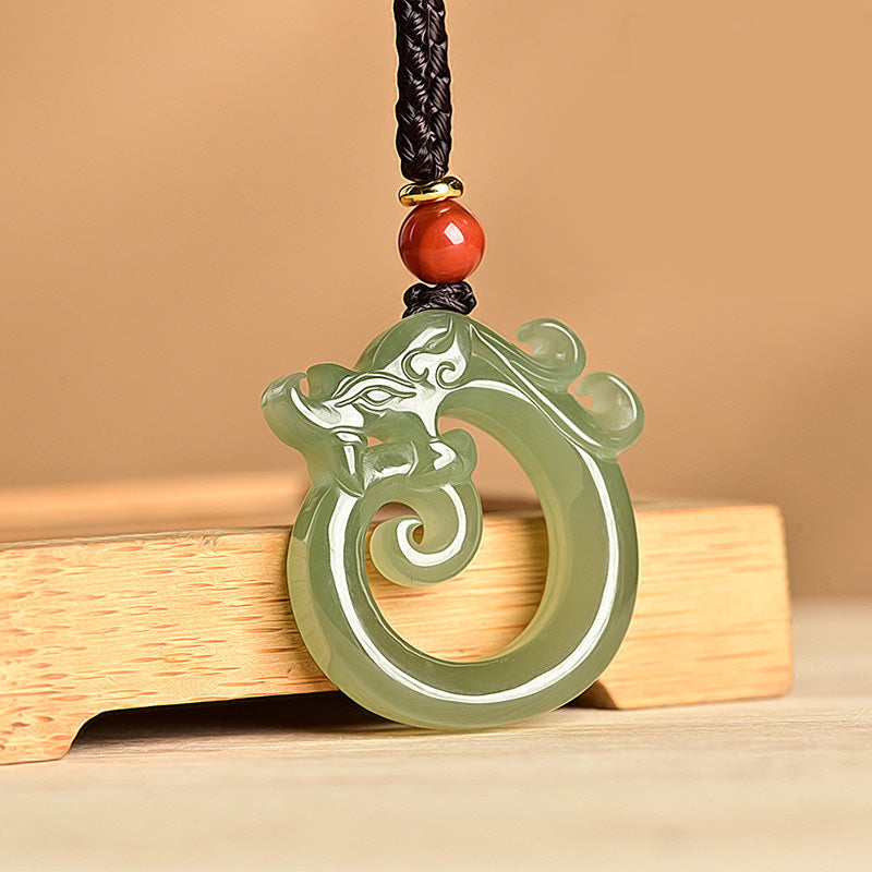 White Jade Cyan Jade Dragon Pendant – celadon green jade spiral dragon on braided cord, protection