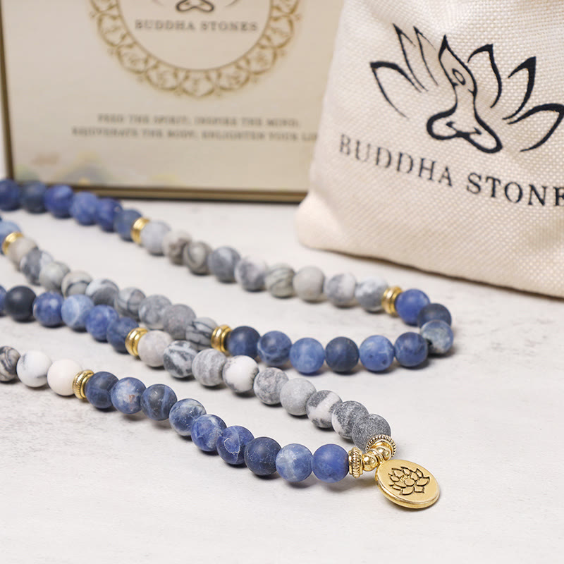 Picasso Jasper Mala – 108-bead necklace with branded pouch and lotus pendant, jasper