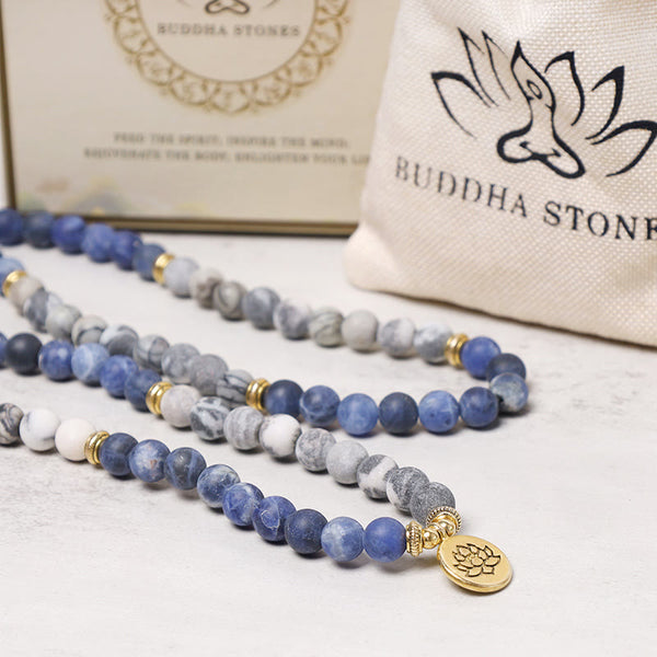 Picasso Jasper Mala – 108-bead necklace with branded pouch and lotus pendant, jasper
