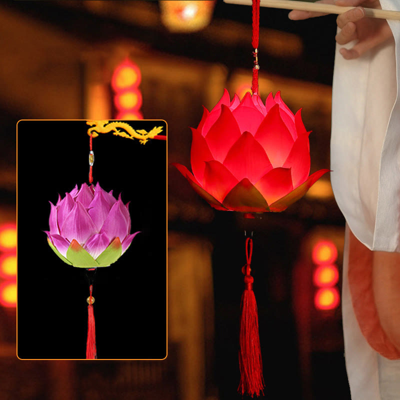 DIY Lotus Dragon Lantern Tassel Lamp – Red lotus with purple variant in festival night, Vibrant glow