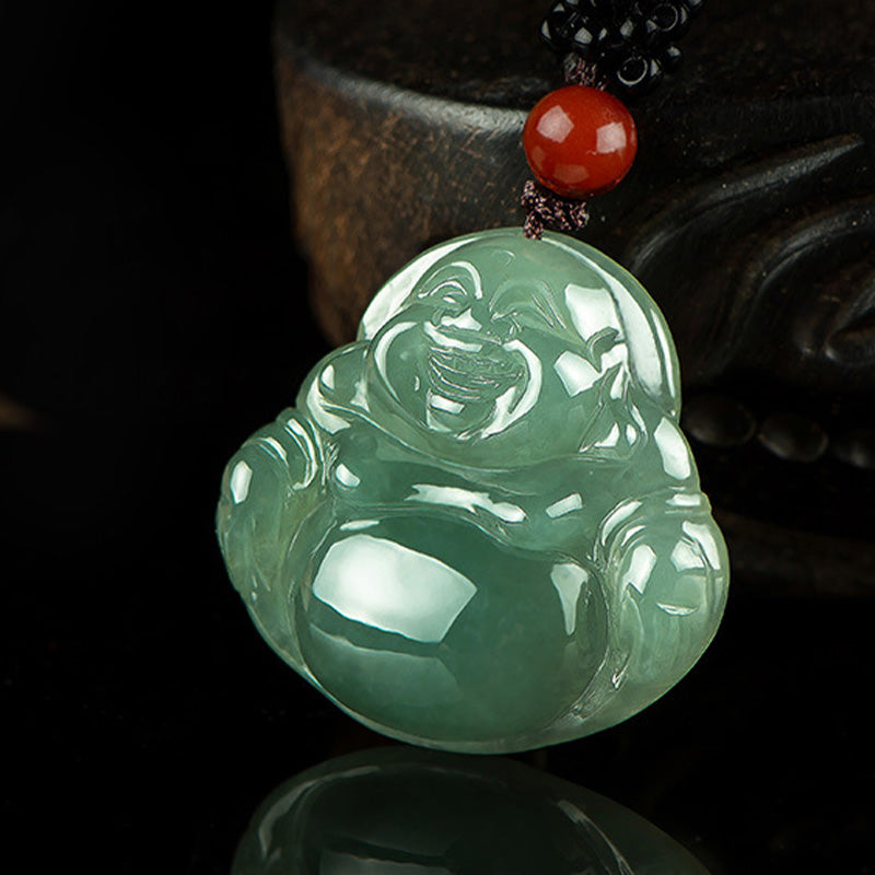 Silver Sheen Obsidian Laughing Buddha Necklace – pendant on braided cord necklace, unisex spiritual wear