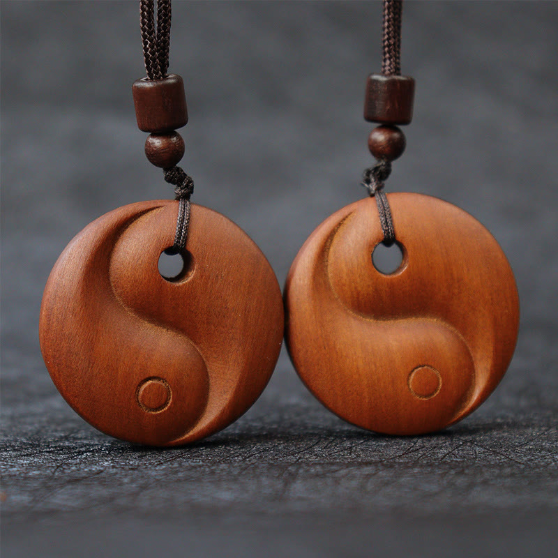Lightning Struck Jujube Wood Yin Yang Luck Protection Necklace Pendant - Pair carved wood yin-yang pendants with beads, coupl