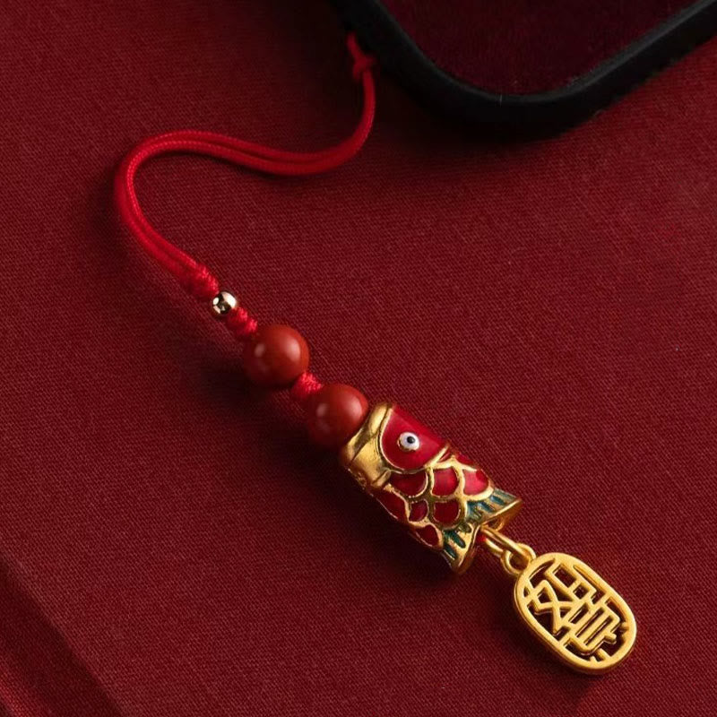Koi Fish Cinnabar Ruyi Phone Charm – cinnabar koi fish pendant with engraved scales, ruyi accent, phone decor