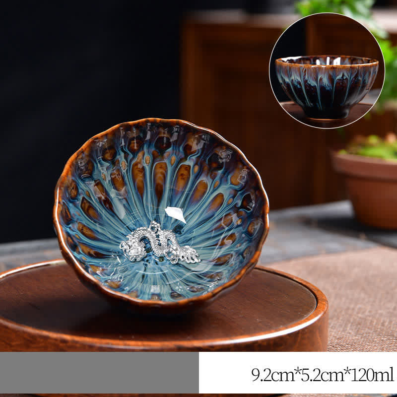 Lotus Peacock Dragon Phoenix Koi Fish Ceramic Teacup – grouped with matching accessories, tea culture display