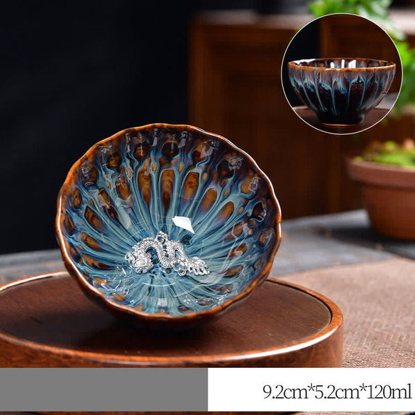 Lotus Peacock Dragon Phoenix Koi Fish Ceramic Teacup – grouped with matching accessories, tea culture display