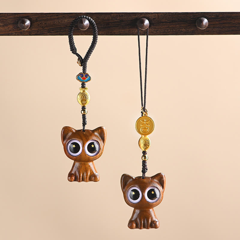 Green Sandalwood Key Chain – front view, lucky cat and koi fish charms, phone charm accessory