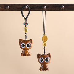 Green Sandalwood Key Chain – front view, lucky cat and koi fish charms, phone charm accessory