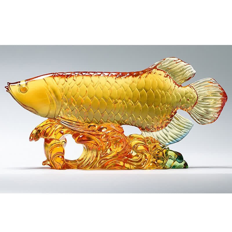 Liuli Crystal Koi Fish Art – On wooden base stand, crystal koi office desk decor