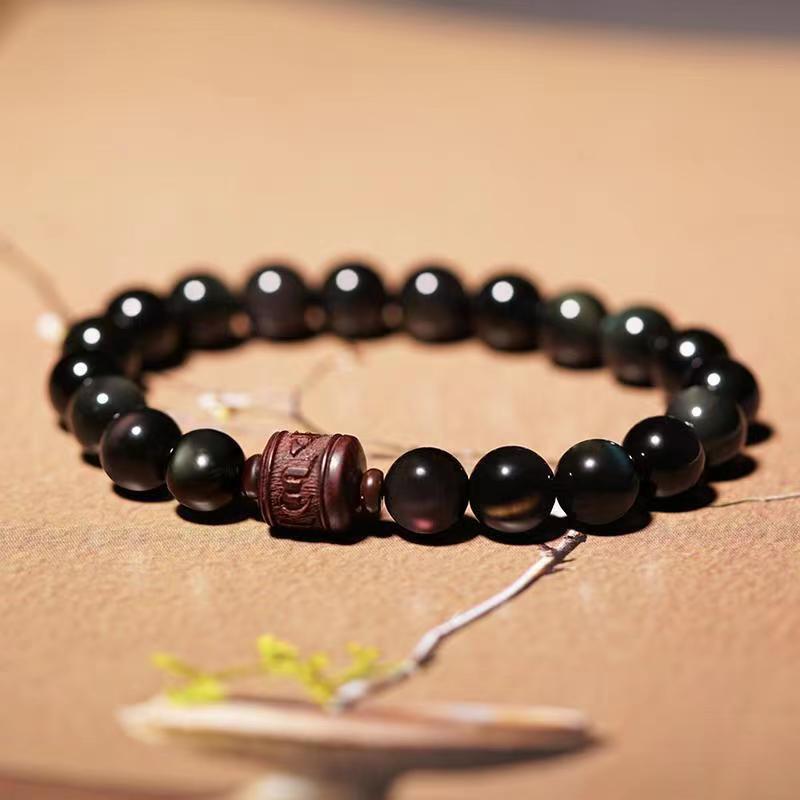 Gold Sheen & Rainbow Obsidian Fu Bracelet – with carved accent beads on wood bowl, obsidian jewelry