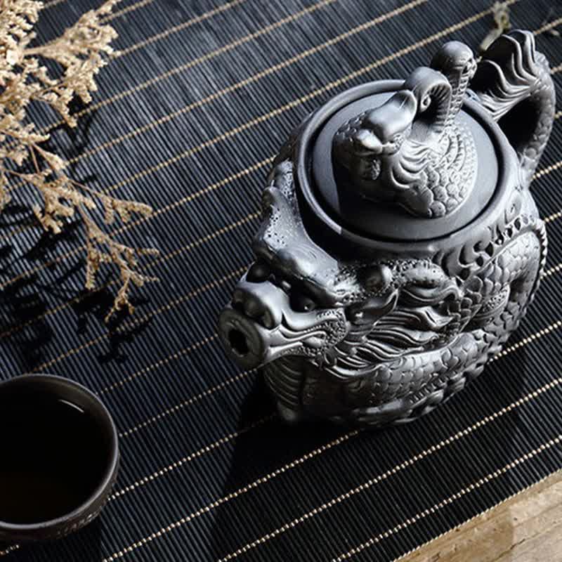 Vintage Dragon Phoenix Purple Clay Teapot – black dragon teapot with matching teacup and botanical accent, ceremonial tea set