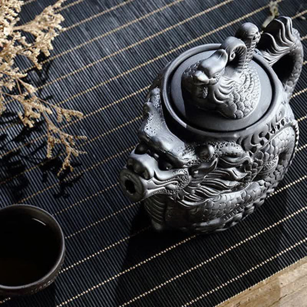 Vintage Dragon Phoenix Purple Clay Teapot – black dragon teapot with matching teacup and botanical accent, ceremonial tea set