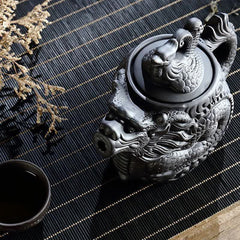 Vintage Dragon Phoenix Purple Clay Teapot – black dragon teapot with matching teacup and botanical accent, ceremonial tea set
