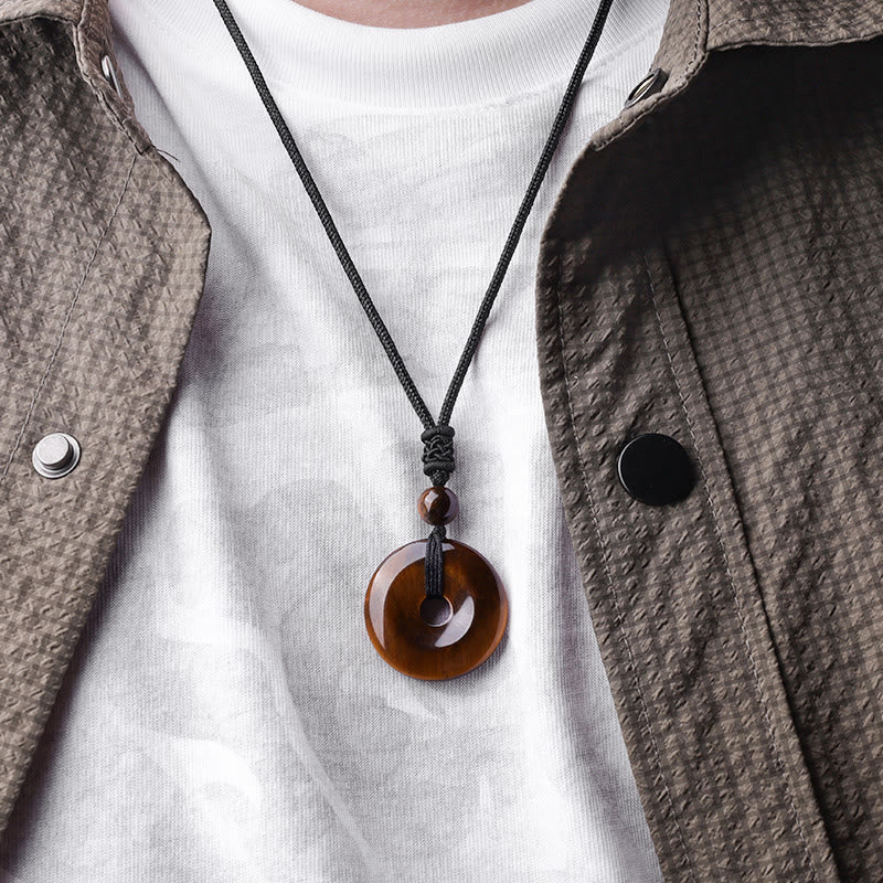 Lucky Coin Pendant Healing Crystal Gemstone Necklace – Green and reddish-brown bloodstone jasper bi disc pendant on black cord