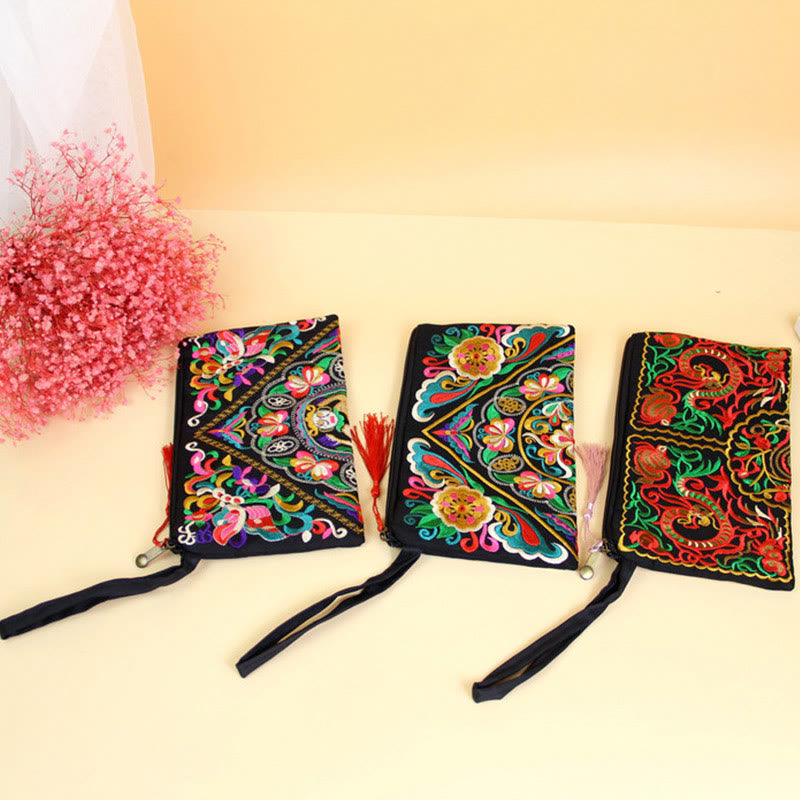 Dragon Butterfly Embroidery Wallet - Three clutch variants on cream, pink flowers, Boho