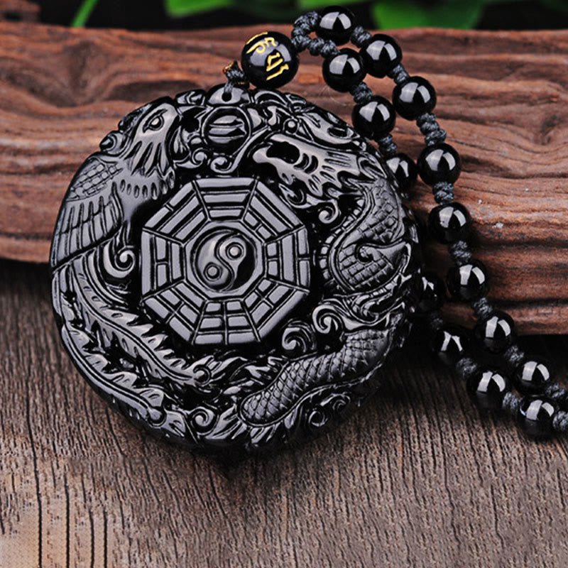 Bagua Dragon Phoenix Obsidian Pendant – Relief carving on weathered wood slab, feng shui
