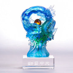 Azure Dragon Liuli Crystal – coiled dragon encircling amber pearl on inscribed base, success decor