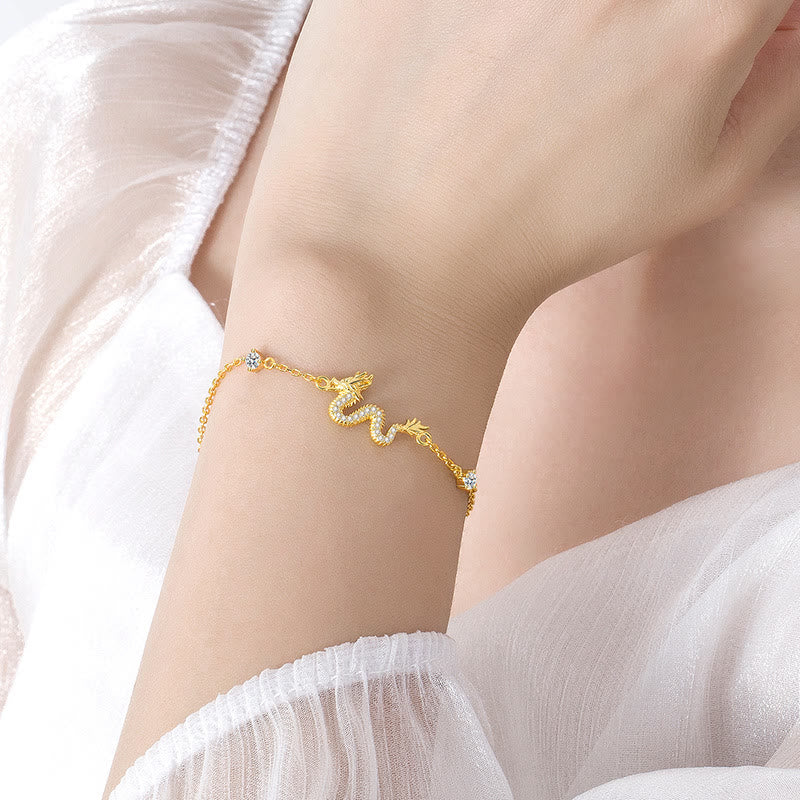 925 Silver Dragon Bracelet - Gold chain dragon on wrist with sheer ivory blouse, delicate sparkle