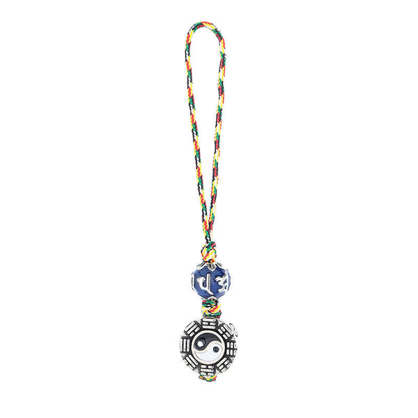 Yin Yang Bagua Copper Keychain – Frontal view on white background, yin-yang bagua disc with multicolor cord and blue mantra bead