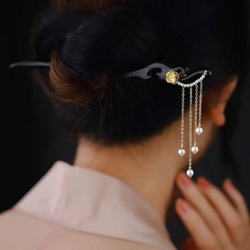 Ebony Wood Pearl Tassel Hairpin, detail shot