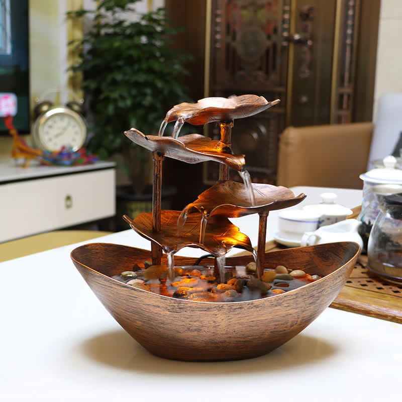 Lotus Leaf LED Waterfall Fountain - copper bronze tiers filled with polished pebbles, copper fountain