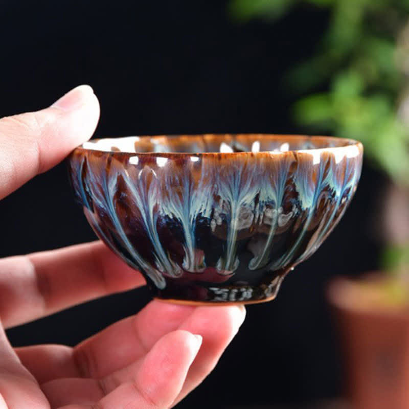 Lotus Peacock Dragon Phoenix Koi Fish Ceramic Teacup – peacock feather pattern close-up, vibrant ceramic art