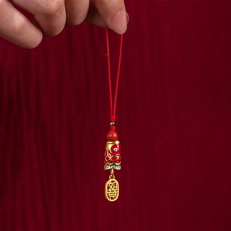 Koi Fish Cinnabar Ruyi Phone Charm – phone charm attached to bag strap, red cinnabar koi and gold ruyi pendant