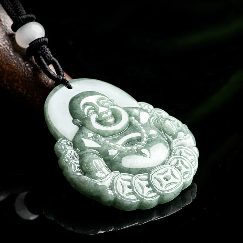 Laughing Buddha Natural Jade Abundance Necklace – Polished jade pendant showcasing happy Buddha holding treasure sack