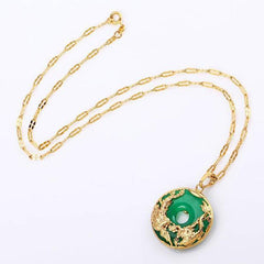 Cyan Jade Dragon Phoenix Necklace – Jade dragon-phoenix pendant on gold link chain, Harmony