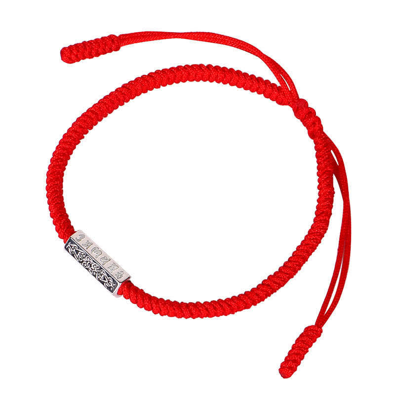 Red String Om Mani Padme Hum Bracelet - Red cord with silver bead on white, adjustable bracelet