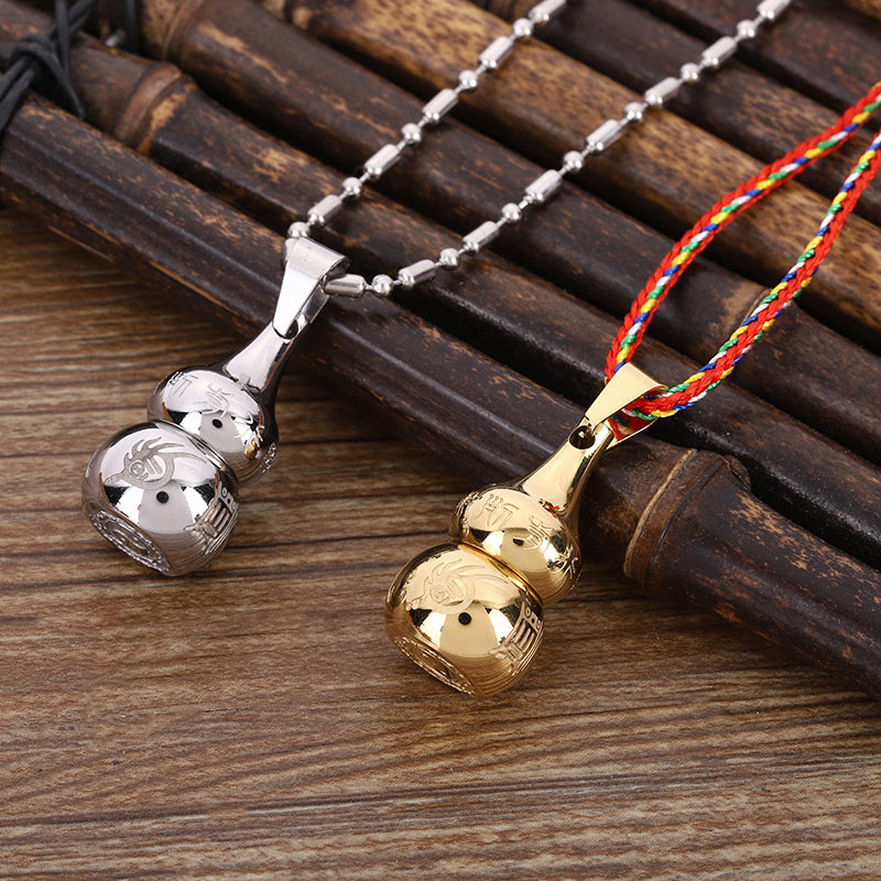 Tibetan Yin Yang Gourd Necklace - Gold and silver gourd pendant duo on wood, amulet jewelry set