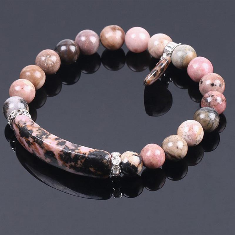 Natural Multi-Stone Love Heart Healing Bracelet - Pink rhodonite bracelet detail showing natural black veining patterns on rose-pink stone beads