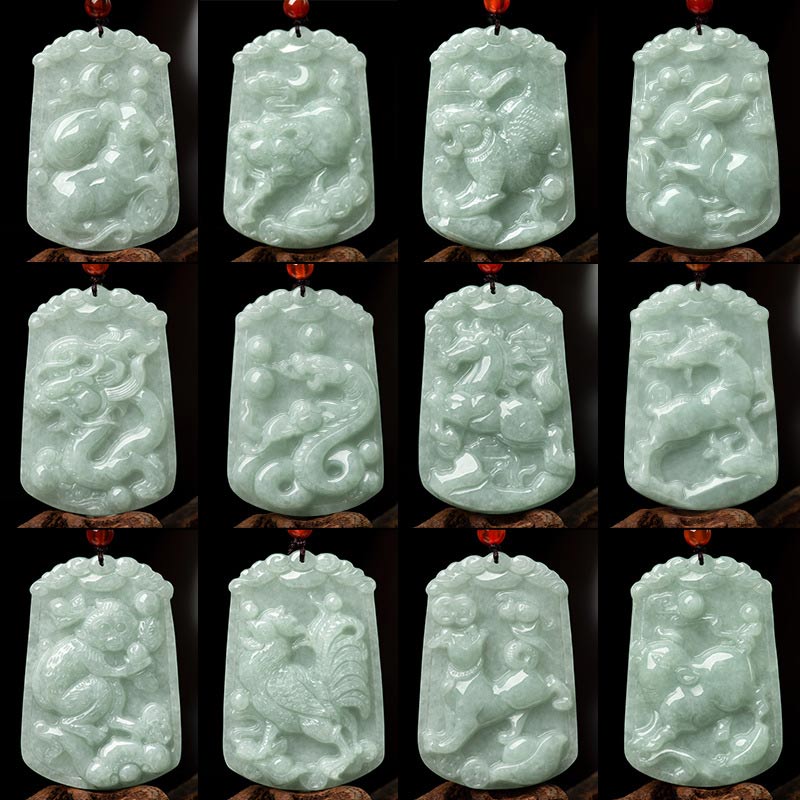 Natural Jade Zodiac Amulet Pendant – 12 zodiac animals jade pendant collection grid catalog, Complete