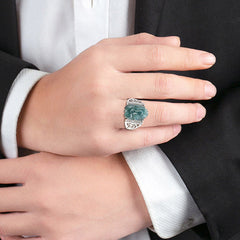 925 Sterling Silver Jade PiXiu Luck Ring – Jade PiXiu ring on man's hand in black suit, formal style