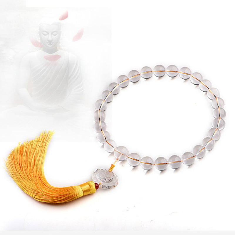 White Crystal Lotus Mala – crystal bead loop with lotus pendant and golden tassel on white background, meditation