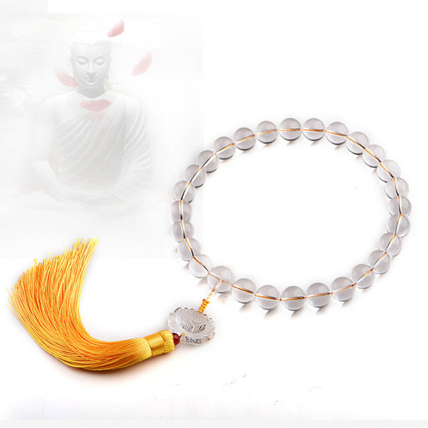 White Crystal Lotus Mala – crystal bead loop with lotus pendant and golden tassel on white background, meditation