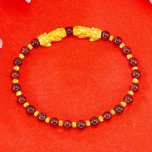Golden Double PiXiu Bracelet – Dark red garnet beads with gold PiXiu pair and spacers on red, prosperity