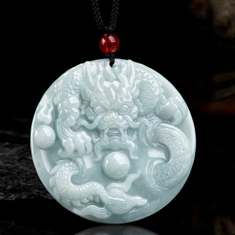 Chinese Zodiac Dragon Jade Amulet Necklace - frontal dragon relief carving on translucent pale jade