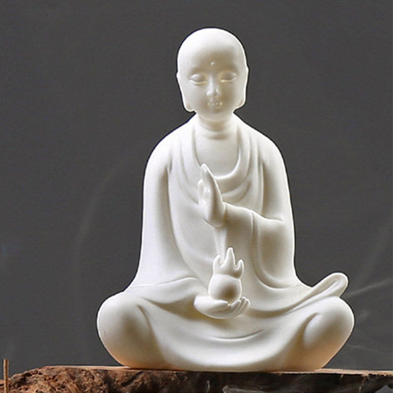 Ceramic LED Bodhisattva Decoration – white monk front, lotus hand, smooth ceramic, studio, gift