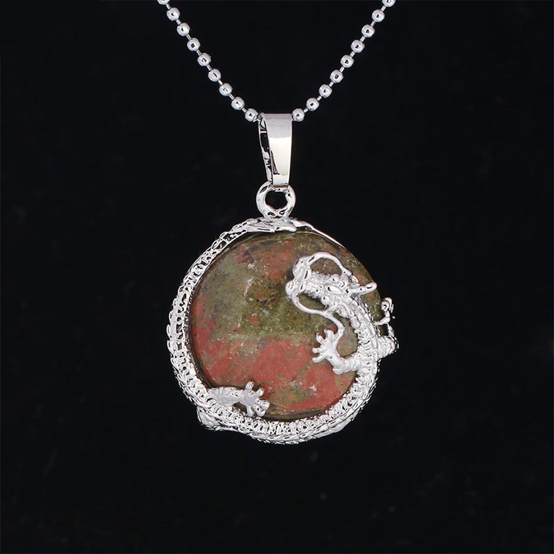 Dragon Multi-Stone Crystal Healing Pendant – Unakite dragon wrap with green-pink tones, healing
