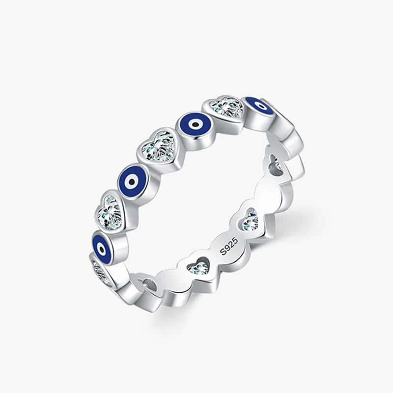 925 Sterling Silver Evil Eye Heart Ring – alternating heart zircon and blue evil eye eternity band, S925 stamp visible