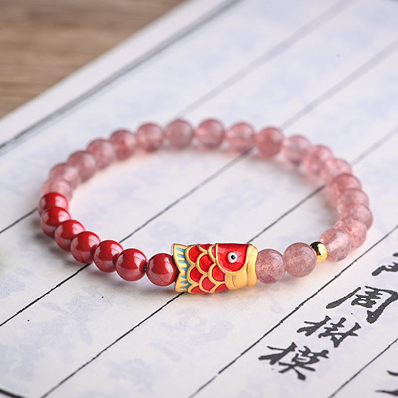 Strawberry Quartz Koi Bracelet – group shot with matching necklace and earrings set pieces