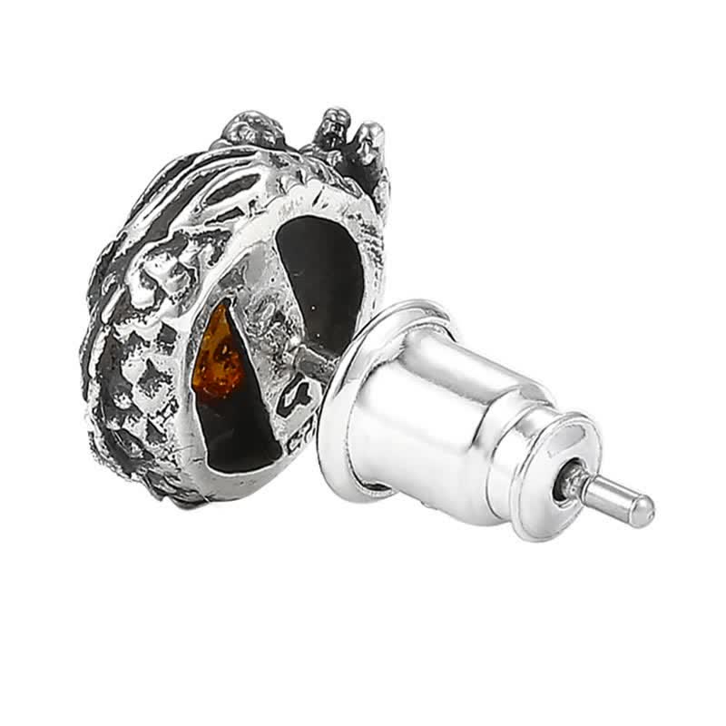 Sterling Silver Amber Dragon Earring – skull design stud with amber accent, antique silver, Gothic punk